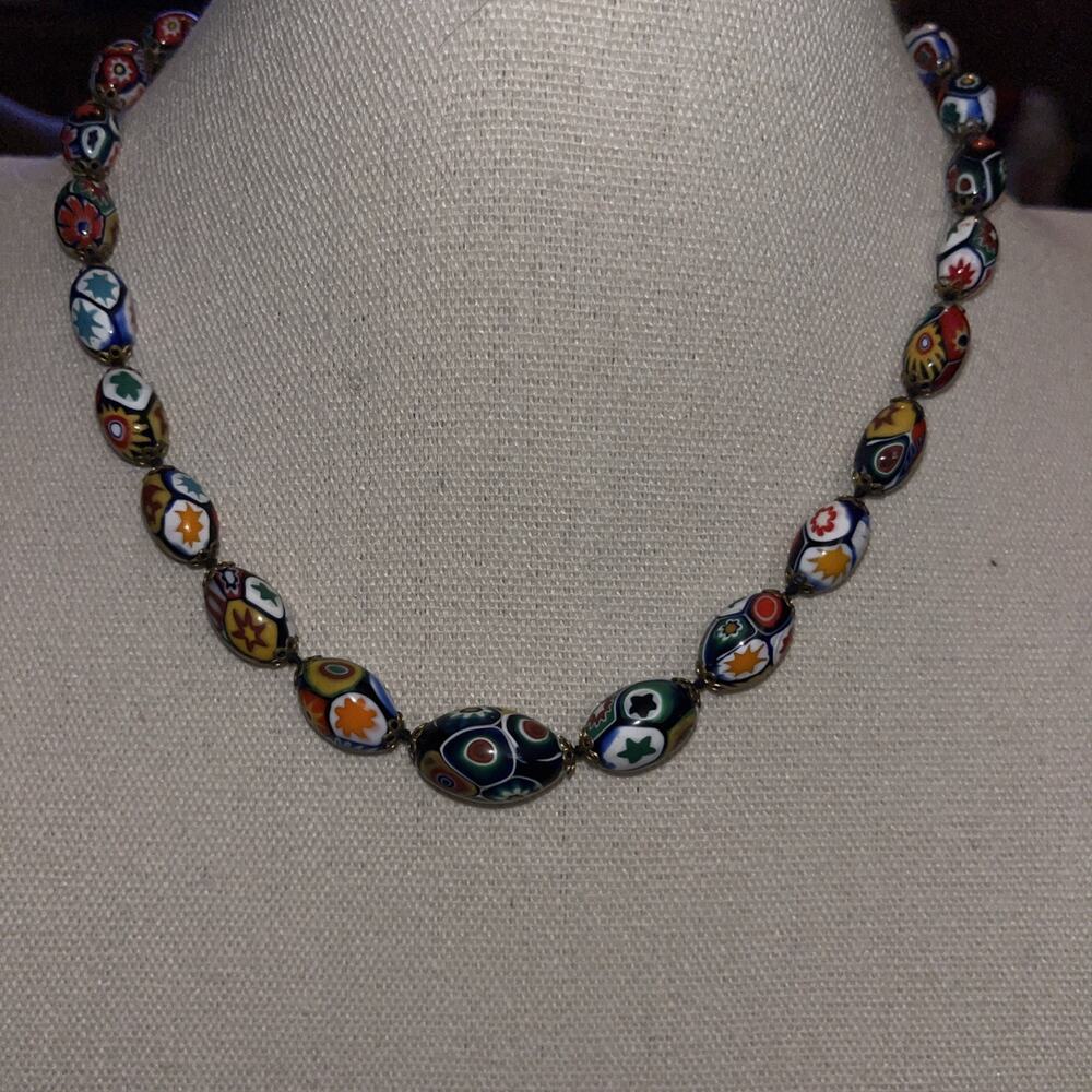 Vintage Venetian Murano Millefiori Oval Bead Necklace 16”